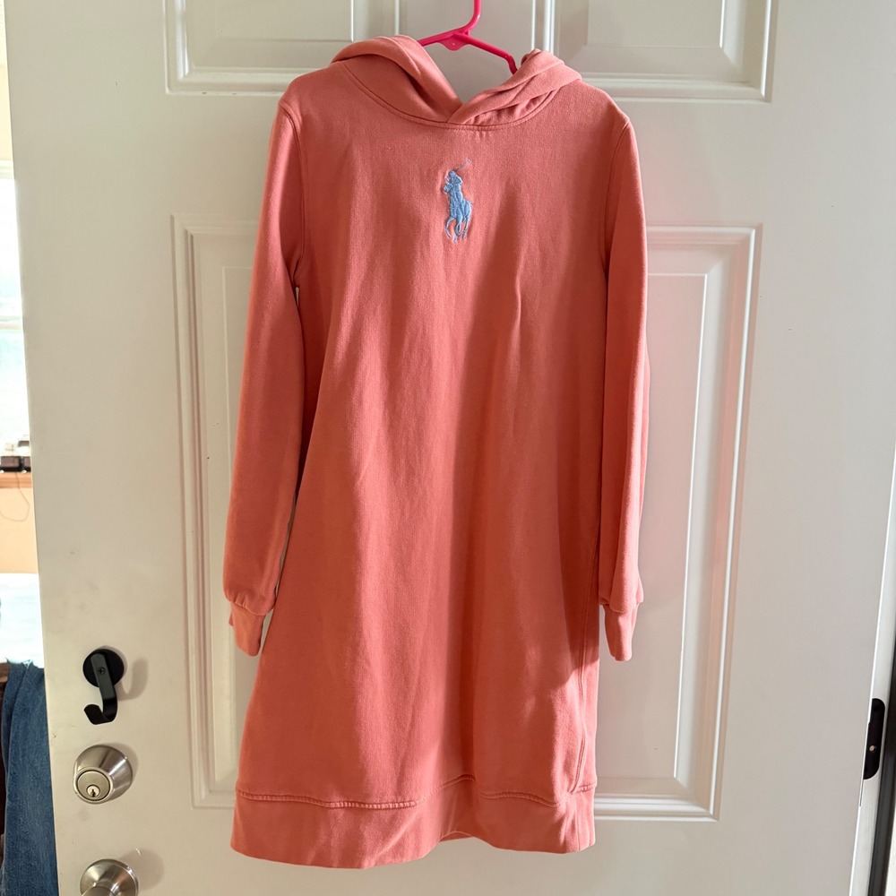 Polo Ralph Lauren Girls Coral Pink Hoodie Dress Blue Pony Logo Long Sleeve 12/14